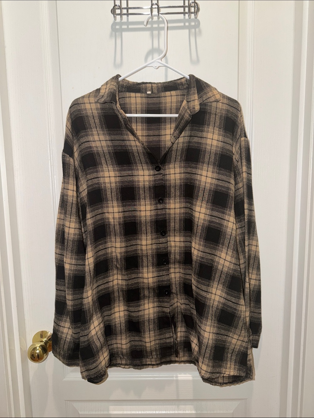 Women's Black and Tan Plaid Button-Down Shirt